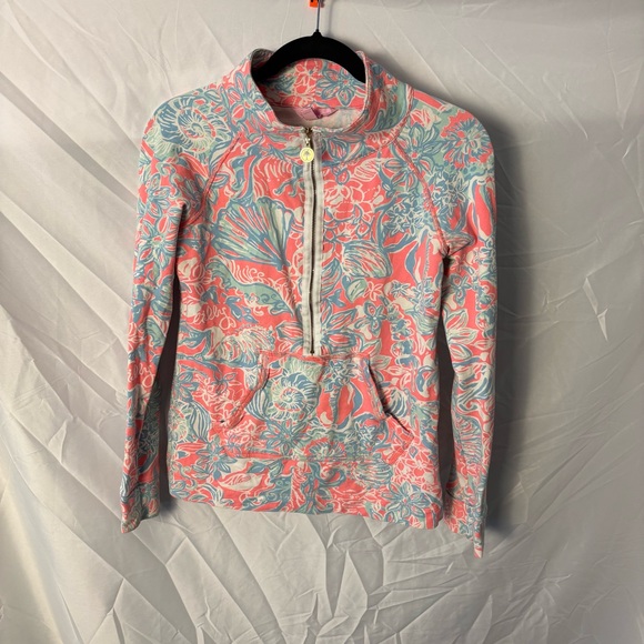 Lilly Pulitzer Tops - Lilly Pulitzer Coral & Aqua Floral Half-Zip Pullover Palm Tree Zip Detail Sz XS